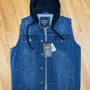 MENSFIELD CULTURE MEN’S BLUE BUTTON FRONT WITH REMOVABLE HOOD DENIM VEST JACKET